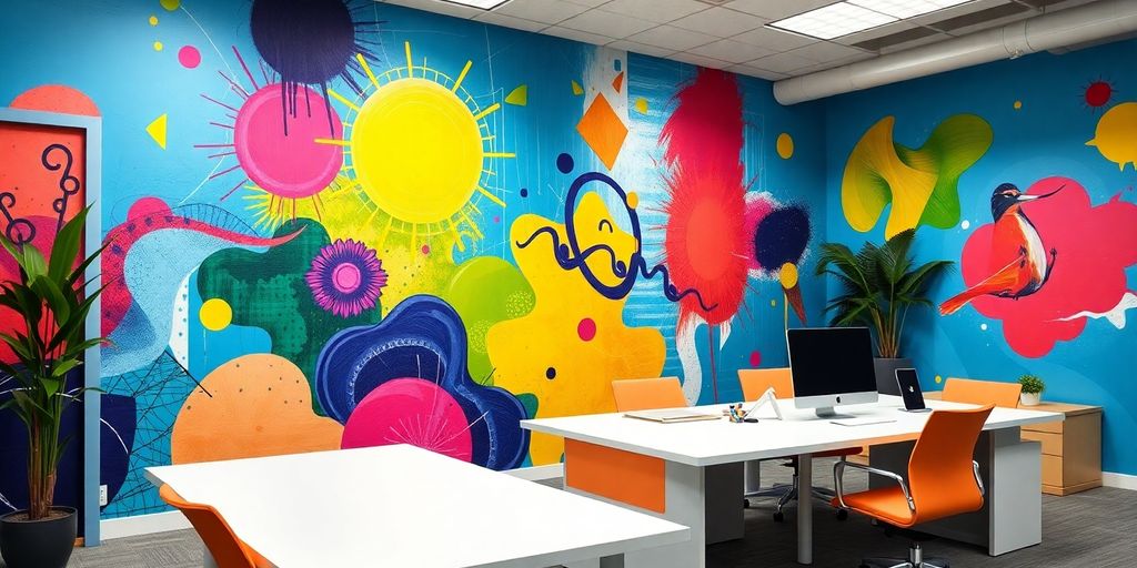 Colorful painted walls in a modern office setting.