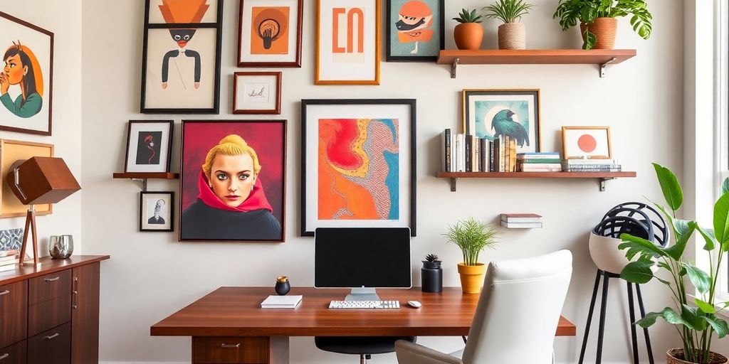 Stylish men's home office with unique wall decor elements.