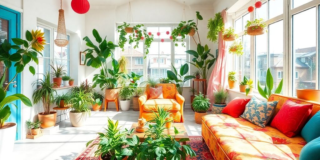 Bright, cheerful room with colorful decor and plants.