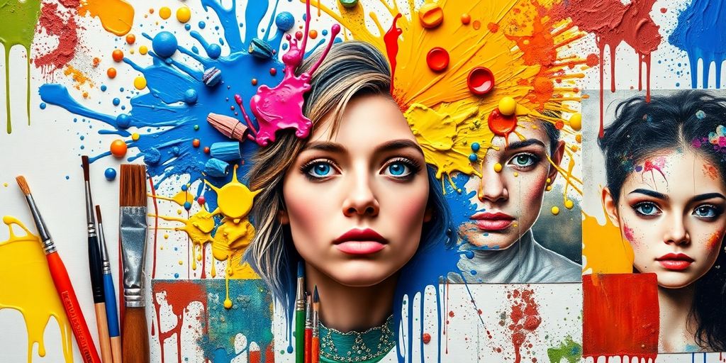 Collage of art tools and colorful paint splashes.