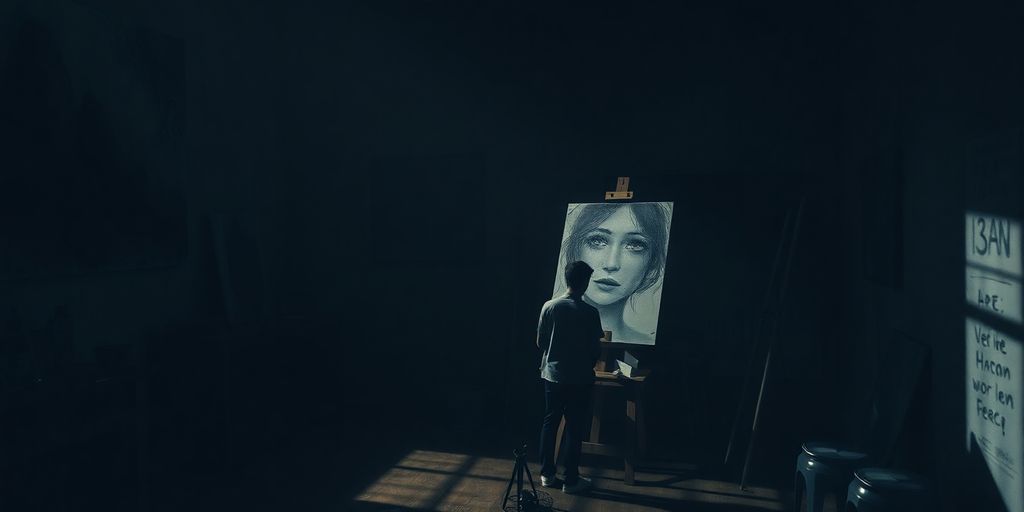 Solitary artist in a dimly lit, melancholic studio.