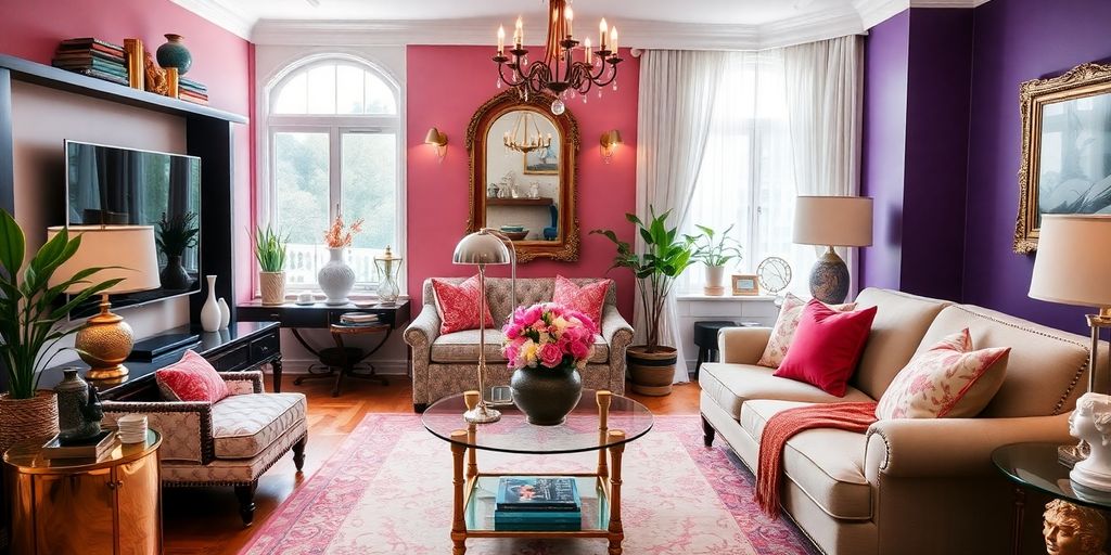 Elegant living room with stylish decor and vibrant colors.