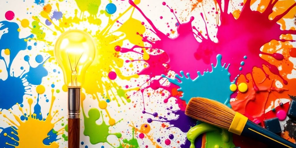 Bright paint splashes and a glowing light bulb.