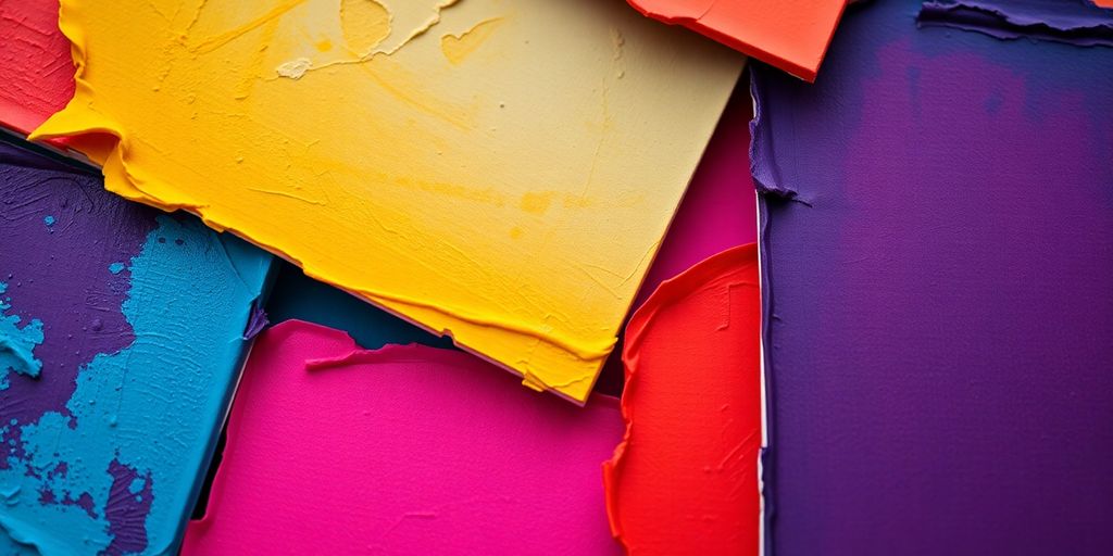 Close-up of colorful monochromatic art pieces.