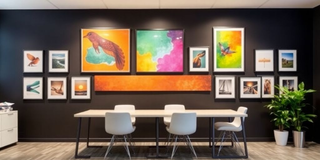 Modern office wall decor with vibrant artwork and installations.