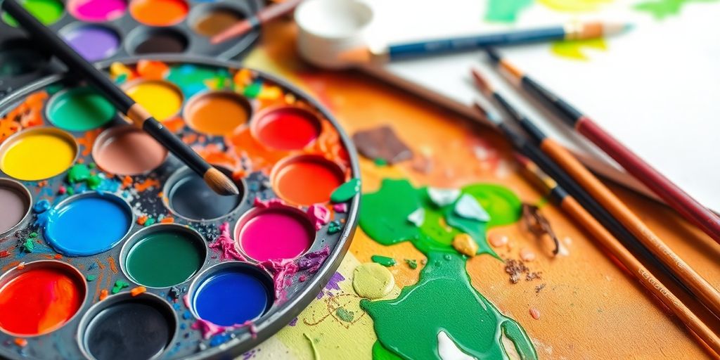 Colorful artist palette with brushes and canvas.