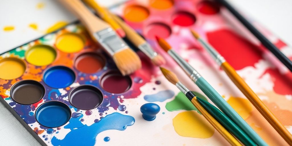 Vibrant painting tools with blurred canvas background.