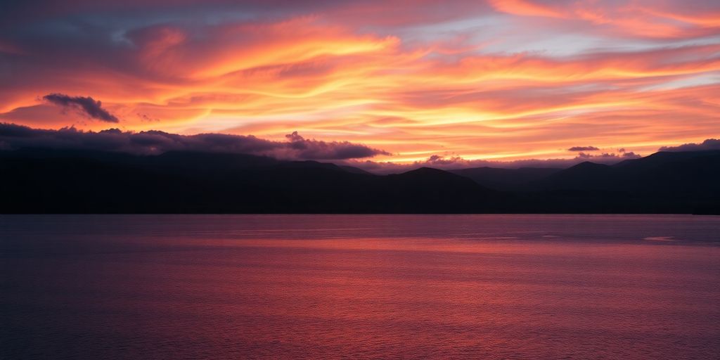 Dramatic sunset over hills with tranquil lake reflection.