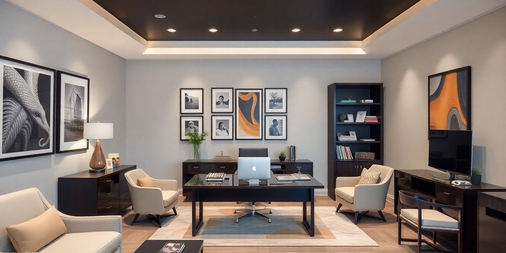 Modern office decor with stylish artwork and elegant furnishings.