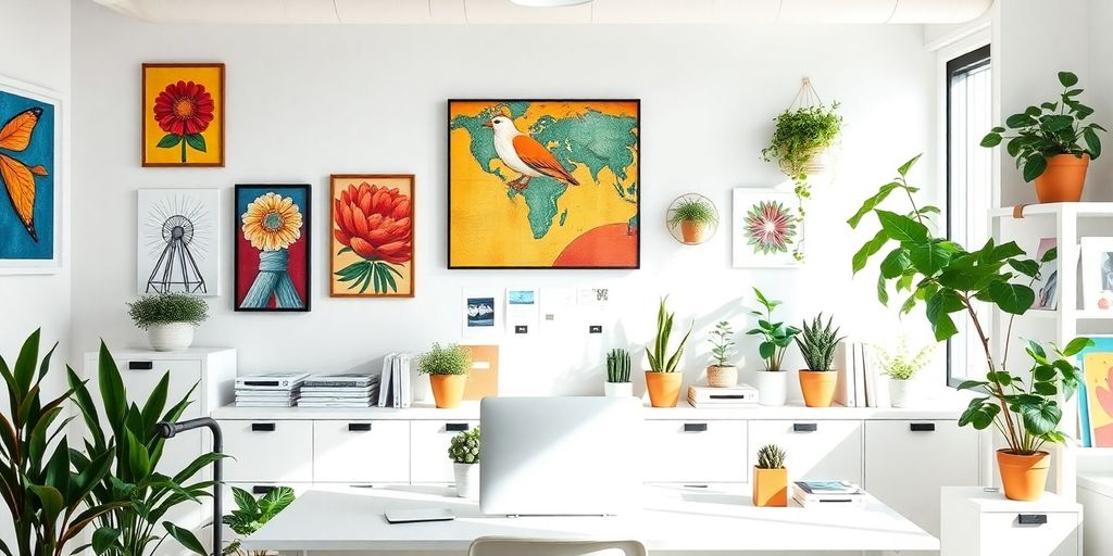 Bright office decor with plants and artwork for productivity.