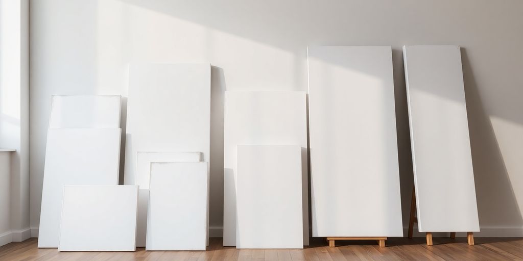 Various blank canvases of different sizes arranged on a floor.