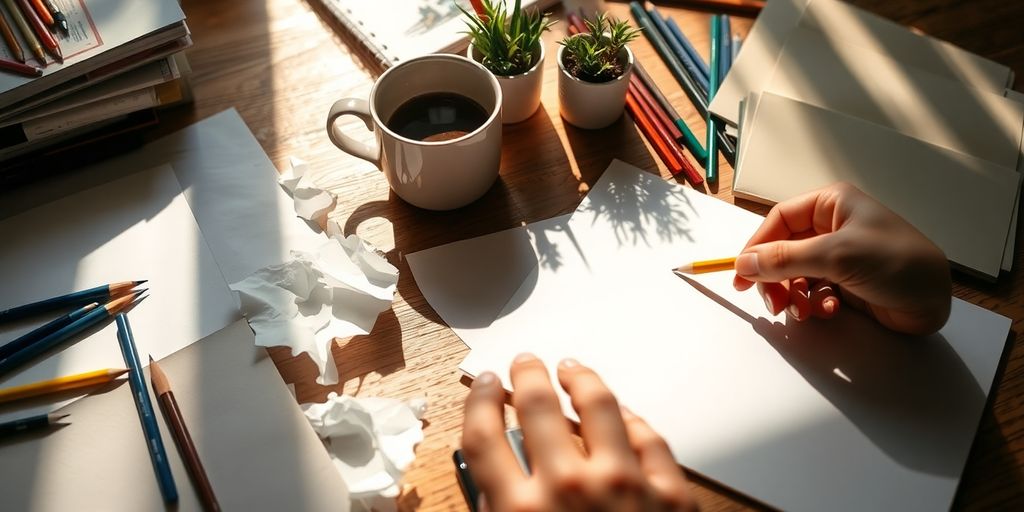 Artist’s hand reaching for pencil on sunlit desk with sketchbooks