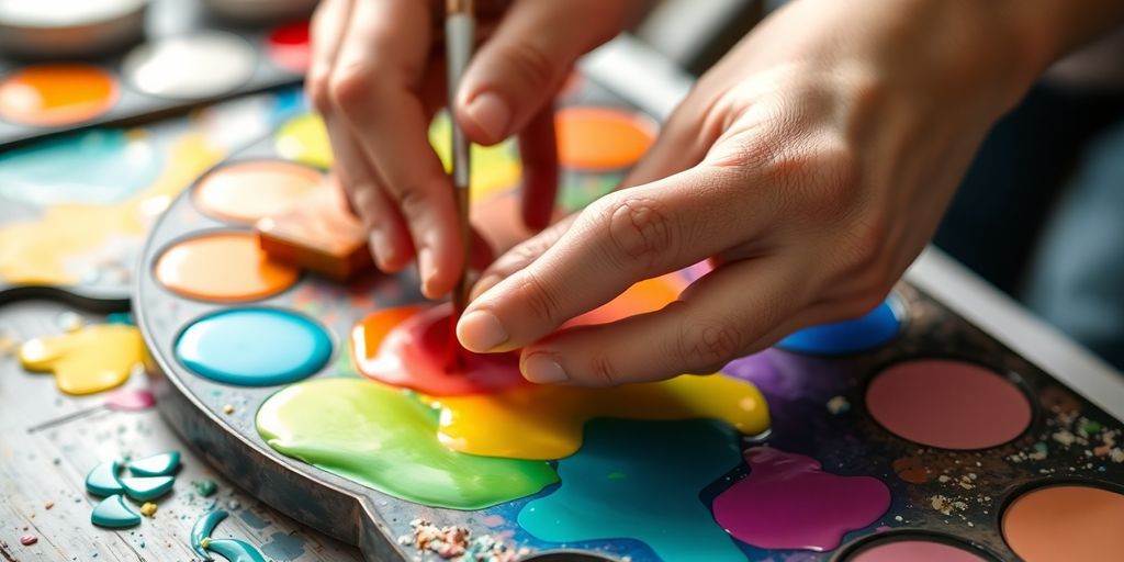 Artist mixing vibrant paints, light colors.