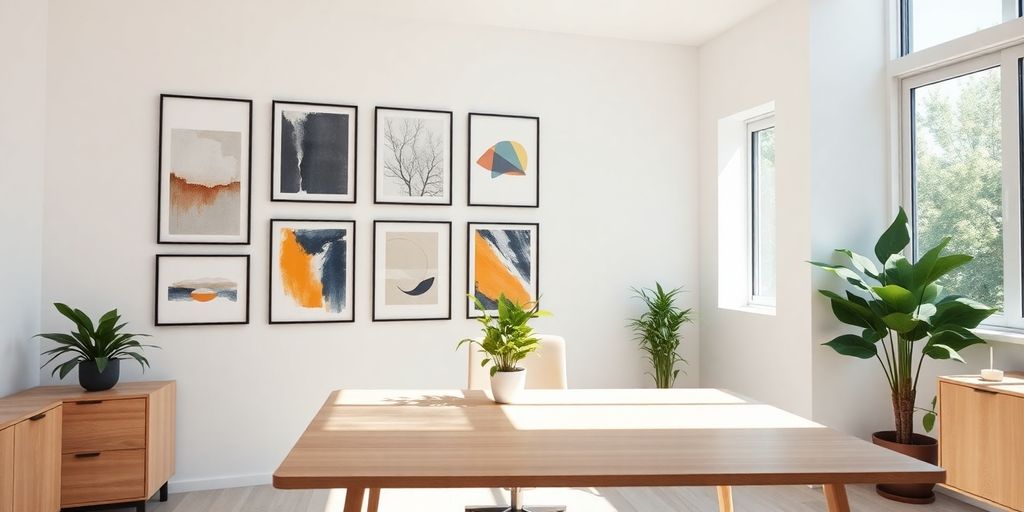 Modern office interior with wall decor.