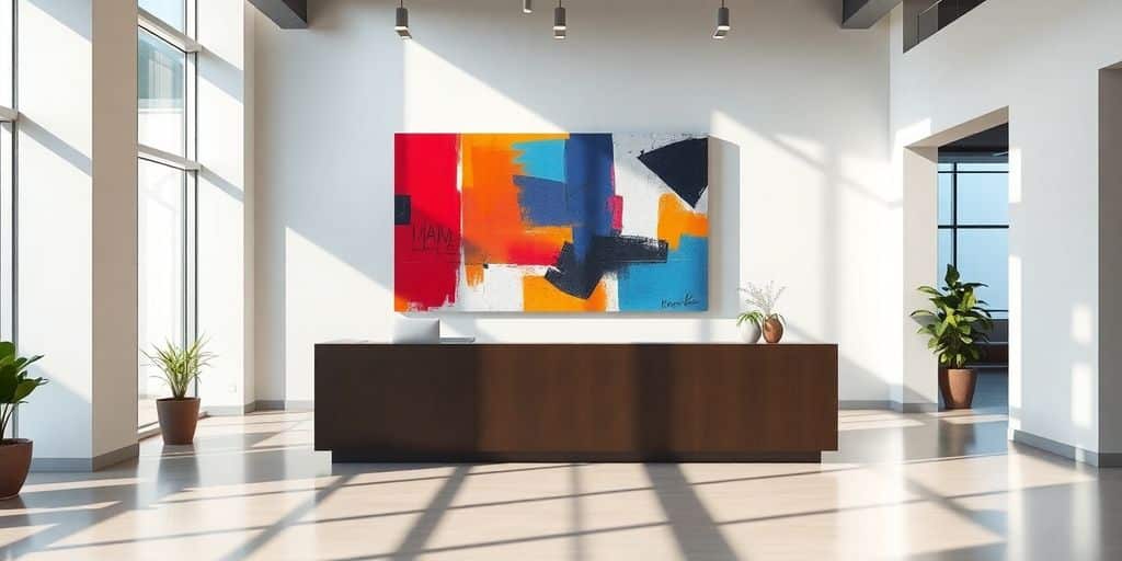 Modern office interior with vibrant abstract wall art.
