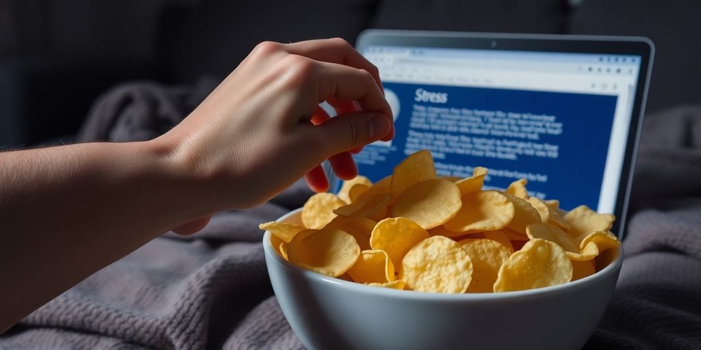 Person mindlessly eating comfort food, surrounded by Wikipedia pages.