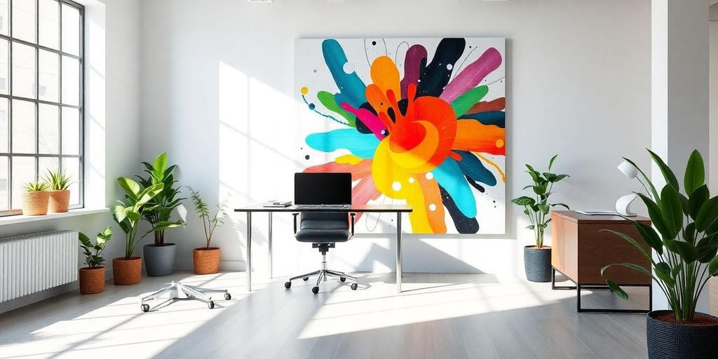 Modern office interior with vivid wall art.