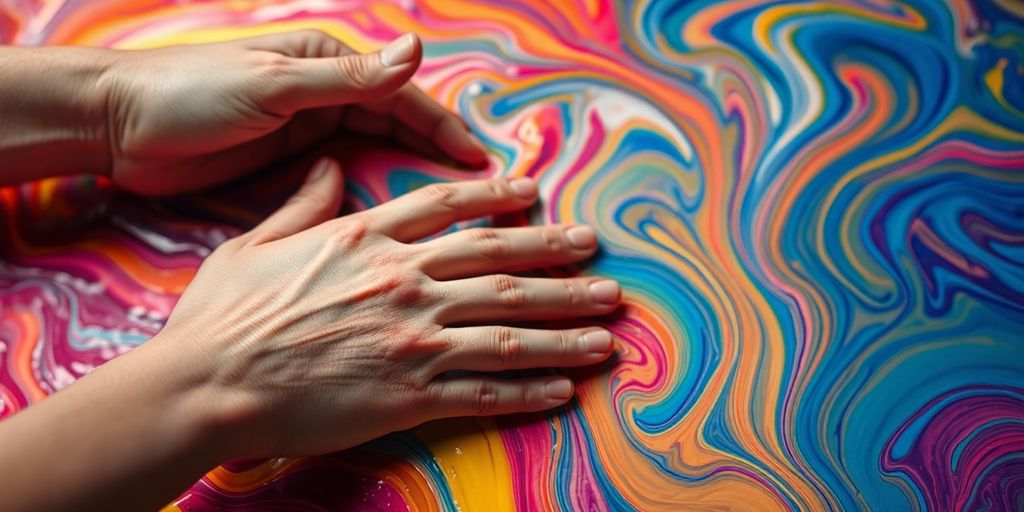 Ethereal, colorful paint swirls and hands.