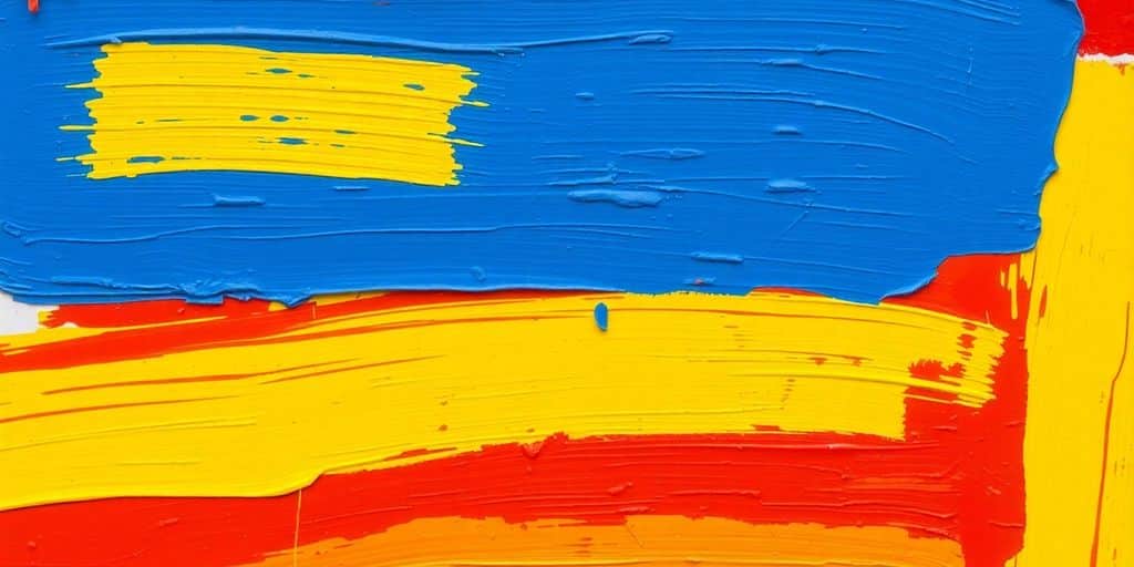 Painterly strokes in red, yellow, and blue.