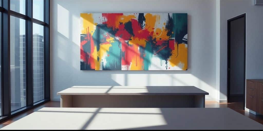 Vibrant wall art brightens a modern office space.