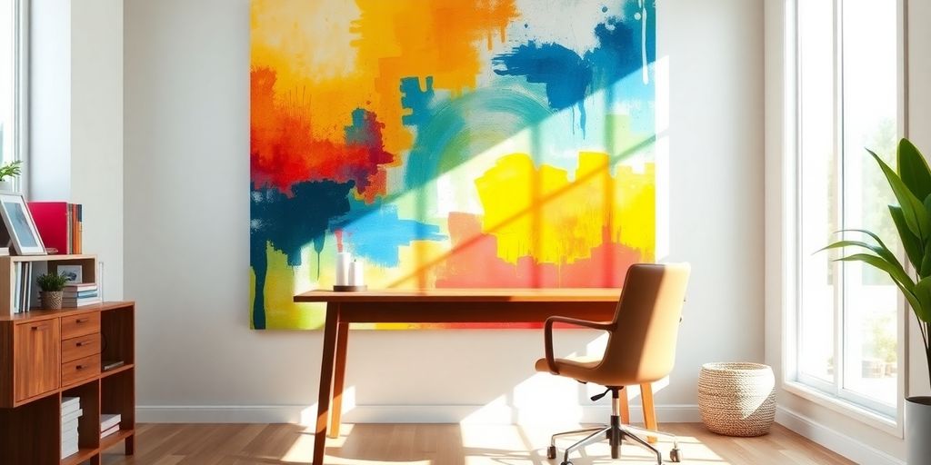Modern home office with vibrant abstract art.