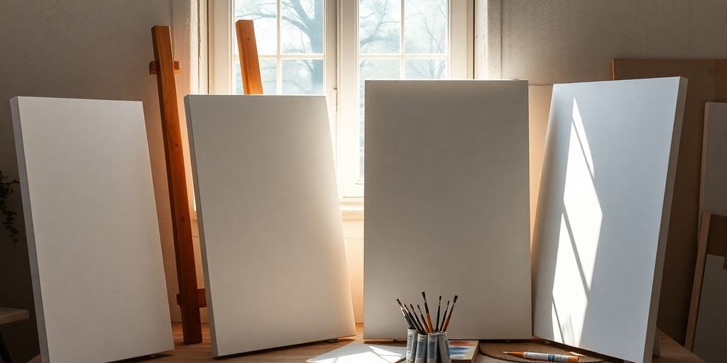 Blank canvases, various sizes, warm studio light