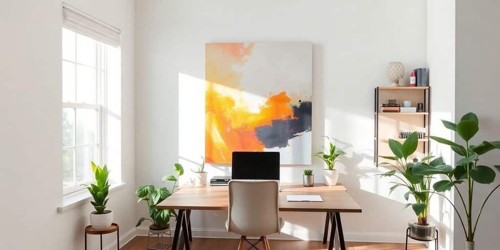 Stylish home office with vibrant wall art.