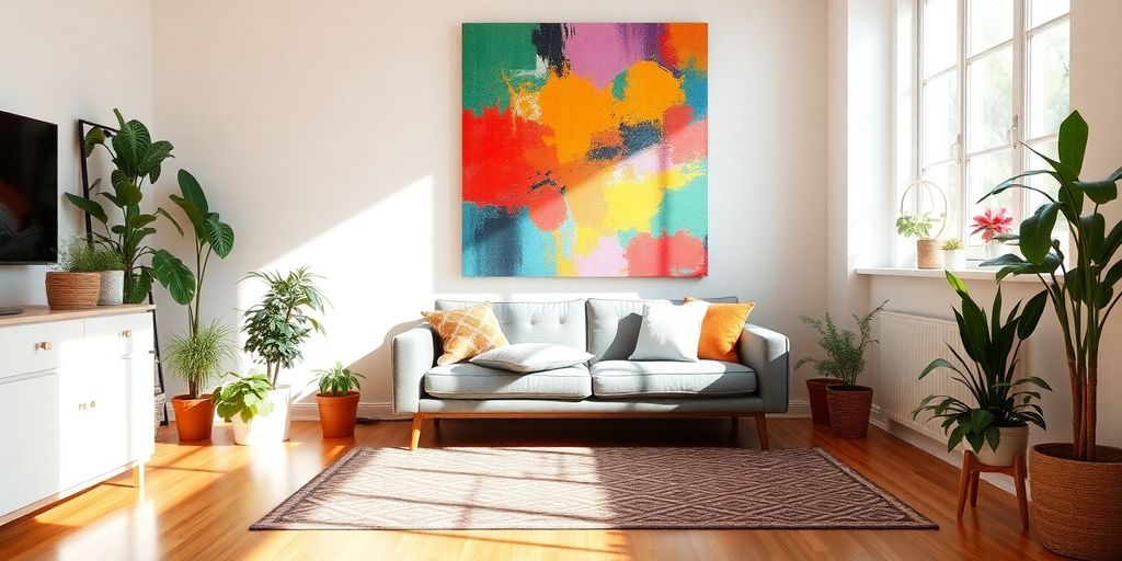 Decorated room with art.