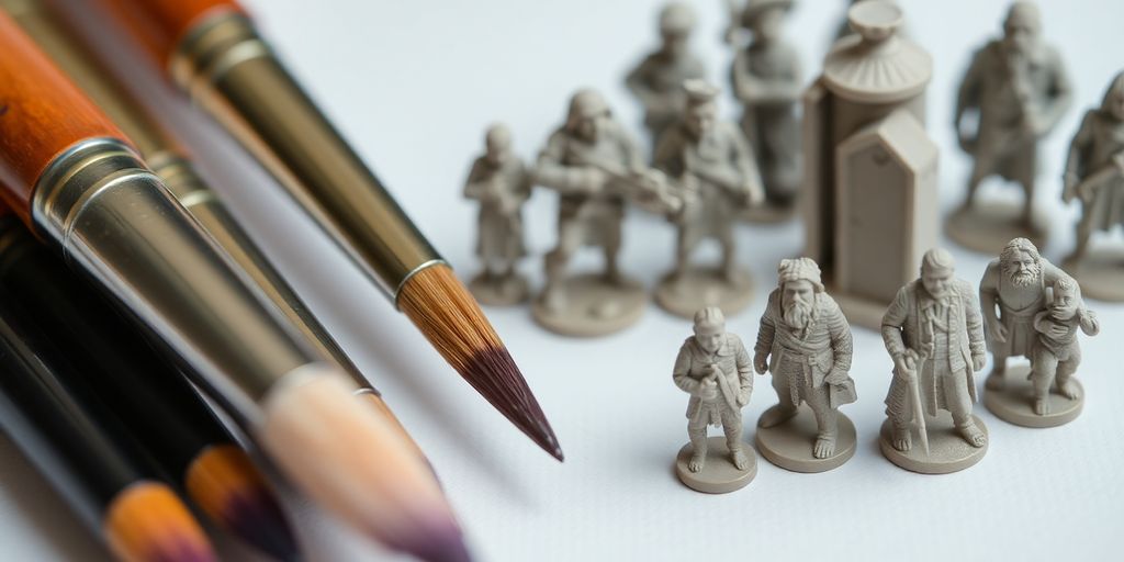 Miniature painting brushes and tiny figures.