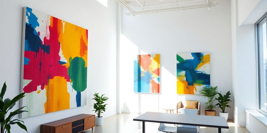 Modern office with vibrant abstract paintings.