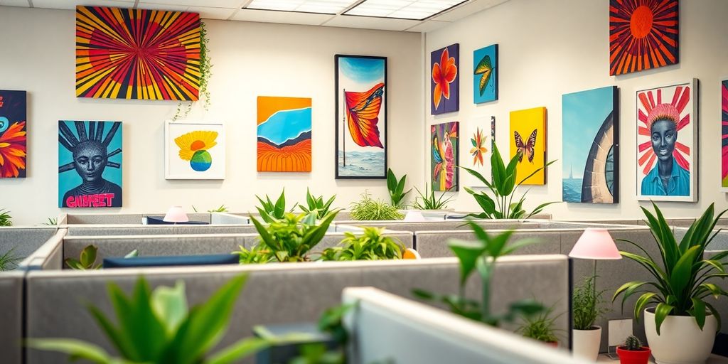 Vibrant art and plants brighten a modern cubicle workspace.