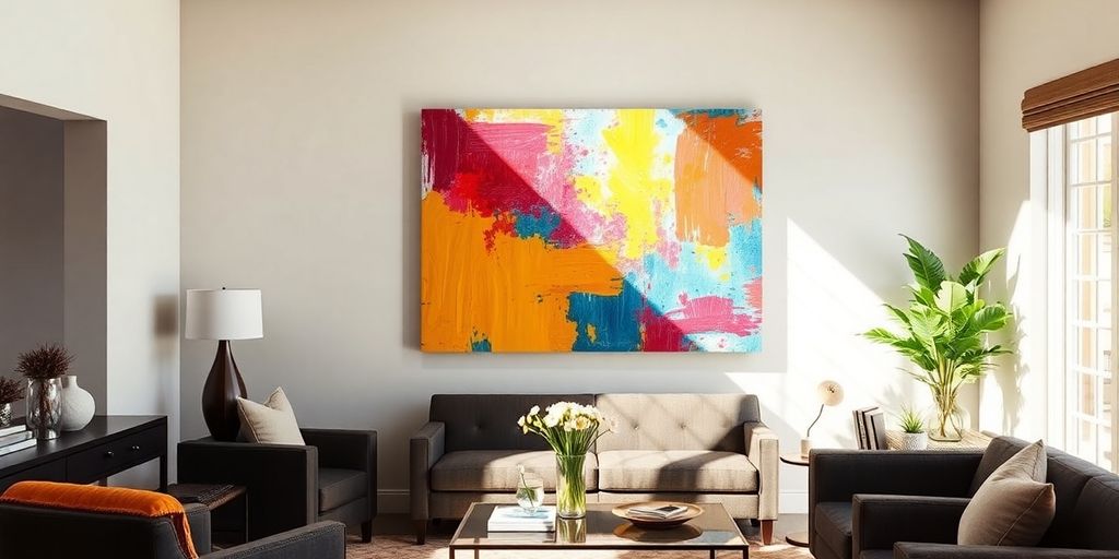 Vibrant abstract painting hanging in a modern living room.