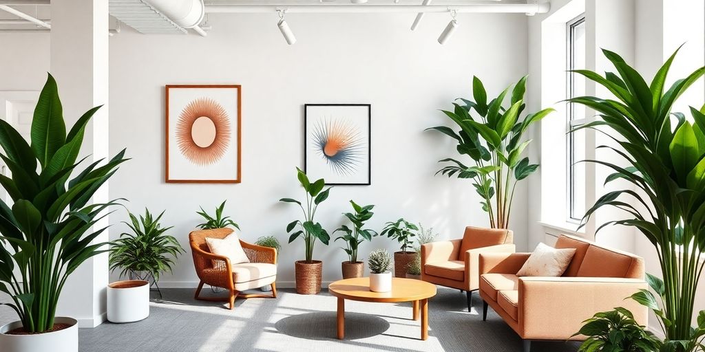 Stylish office walls with modern art and plants.