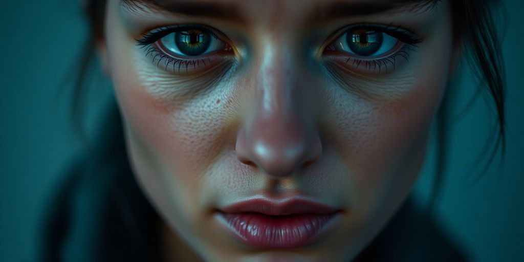 Portrait capturing raw emotion through intense eye contact and facial expression.