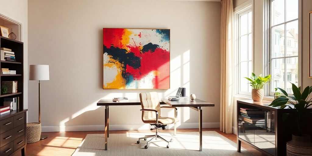 Modern home office with vibrant wall art.