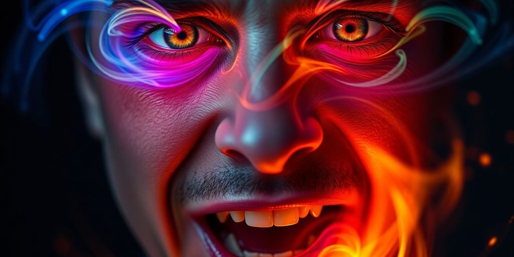 Painting of a person's face with vibrant colors flowing from it.