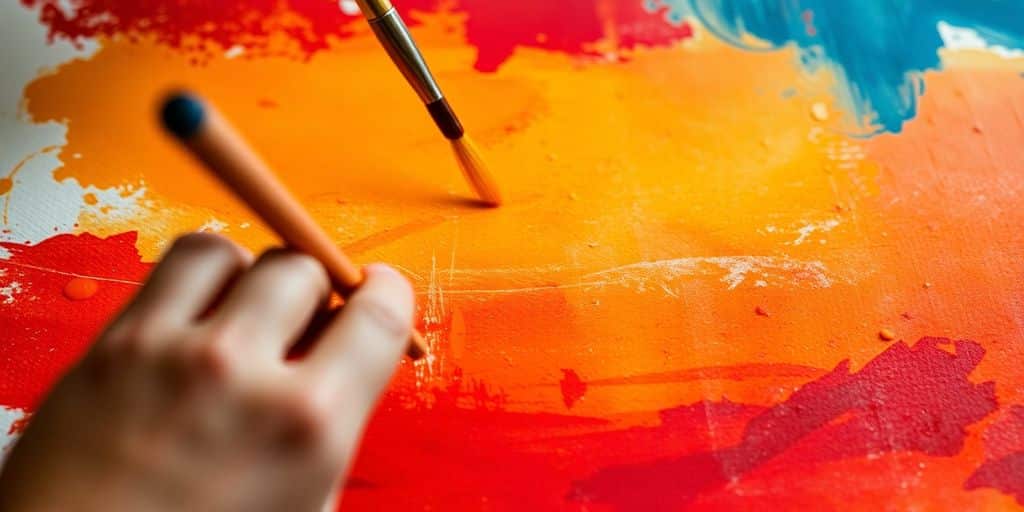 Artist manipulating shades of color on canvas.