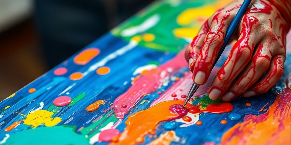 Painter's hands blending colorful oil paints on canvas.