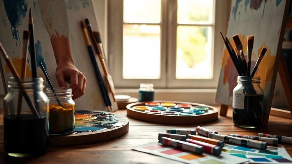 Artist mixing paint on palette beside canvas in sunlit studio.